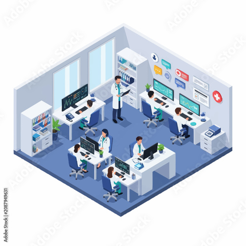 Modern medical office with doctors and technology.