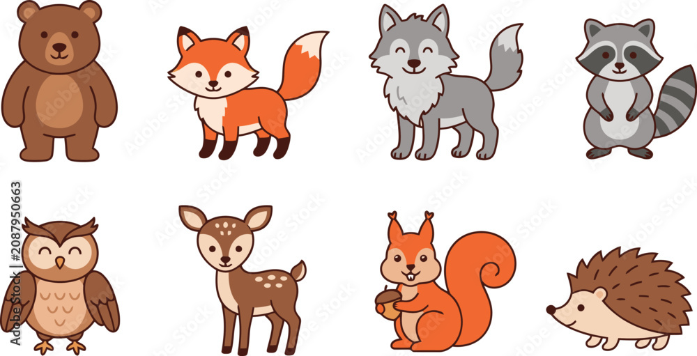 Fototapeta premium Cute woodland animals flat vector illustration pack containing bear fox wolf raccoon owl deer squirrel hedgehog