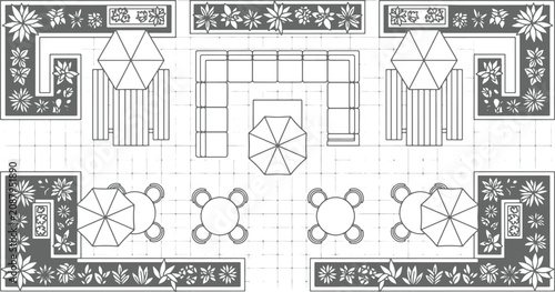 Top view architectural floor plan of an outdoor patio cafe with seating arrangements and garden landscaping