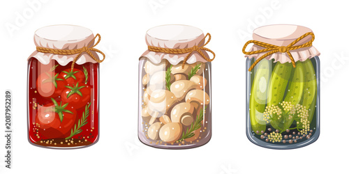 Pickled vegetables jar set tomato cucumber mushroom preservation food glass container canning kitchen illustration