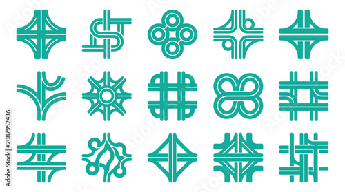 Collection of fifteen stylized teal highway interchange and road junction icons isolated on white background. Minimalist vector map symbols representing urban infrastructure and traffic.