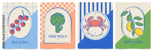 Mediterranean inspired poster collection with hand drawn tomato, artichoke, crab and lemon illustrations. Vintage Italian style vector prints for kitchen decor, packaging and branding.
