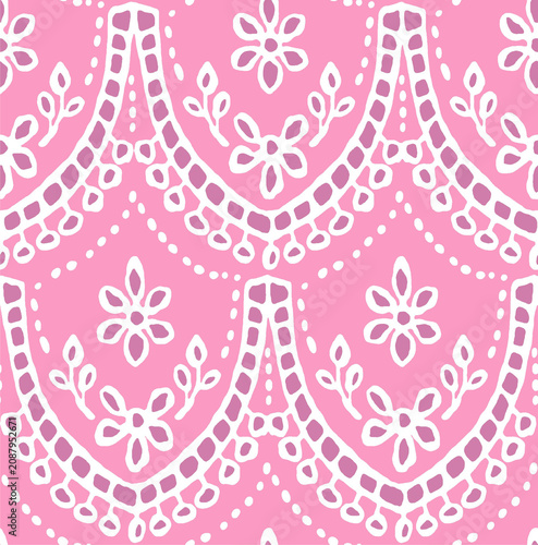 Delicate floral lace pattern in pastel pink with white decorative elements for feminine design