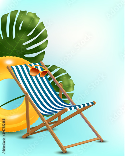 Strawberry chair rests beside tropical leaves. Golden ring floats near lush green foliage. Bright sky glows softly behind the scene. Cool shade invites relaxation and calm