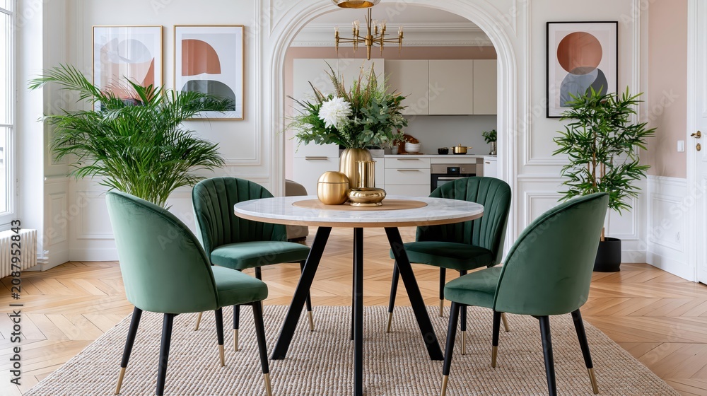Fototapeta premium Modern dining room interior with velvet green chairs and marble table, elegant home decor with indoor plants and gold accents, luxury apartment living space photography for home design branding