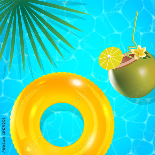 Sunlit pool with vibrant yellow inflatable ring. Coconut with slice and flower garnish floats nearby. Palm frond casts shade above the clear water. Ideal for tropical vacation or summer pool scenes