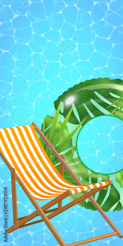 Bright striped chair rests by clear, rippling pool. Green fronds sway gently in background breeze. Lush tropical vibe invites relaxation and escape. Perfect for vacation ads or serene lifestyle scenes