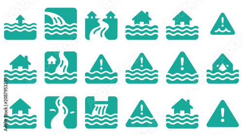 Foto Collection of teal flood warning icons and disaster map symbols depicting submerged houses, rising water levels, river overflow, dam failure, and emergency alert pictograms on white