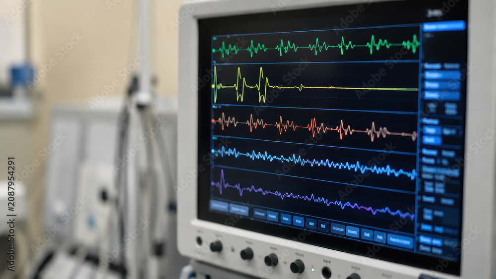 Fototapeta premium Medical monitor displaying colorful vital sign waveforms and heart rate data for patient monitoring in a clinical hospital intensive care unit setting