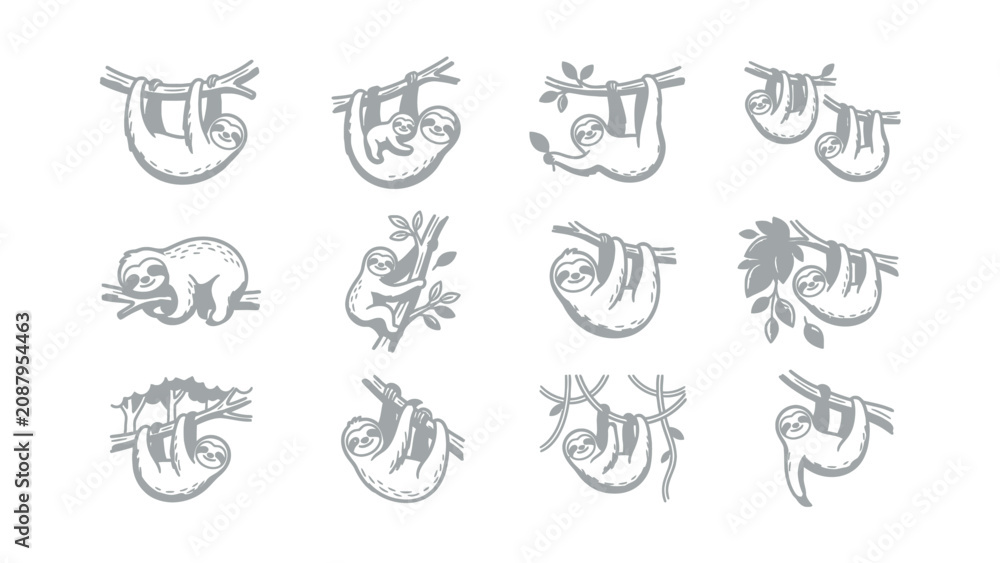 Fototapeta premium Cute Sloth Illustrations Set Hanging on Tree Branches Vector Icons