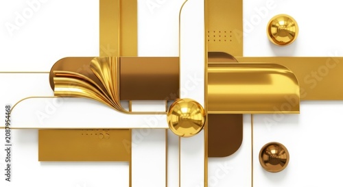 Abstract golden geometric shapes with spheres and ribbons luxury design