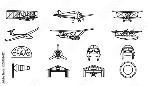 Obraz na plátně Vintage airplanes and retro gliders vector icon set with simple bold line art cl