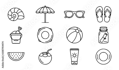 Foto Beach day and summer vacation vector icon set with simple bold line art classic