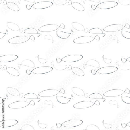 Seamless border pattern of minimalist fish line art in subtle silver gray tones on a white background. Elegant repeating striped design for coastal textiles and seafood branding.