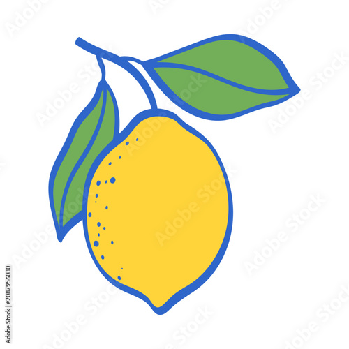 Hand drawn Amalfi lemon with two green leaves and textured citrus peel. Mediterranean inspired vector illustration in a fresh decorative Italian style with clean outlines and vibrant colors.