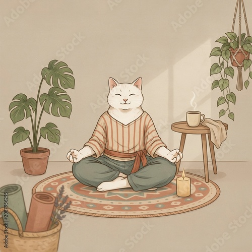 White cat sitting in lotus position practicing calm daily meditation