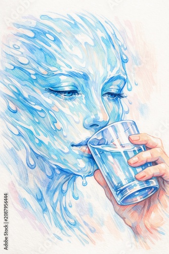 Woman with face made of flowing blue liquid drinking water