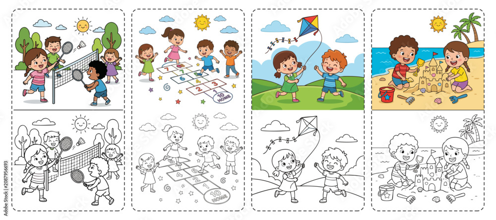 Fototapeta premium Children Playing Badminton Hopscotch Kite Flying and Sandcastles Coloring Pages