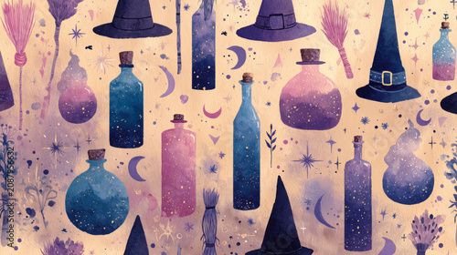 Whimsical witch pattern with hats, brooms, and bottles
