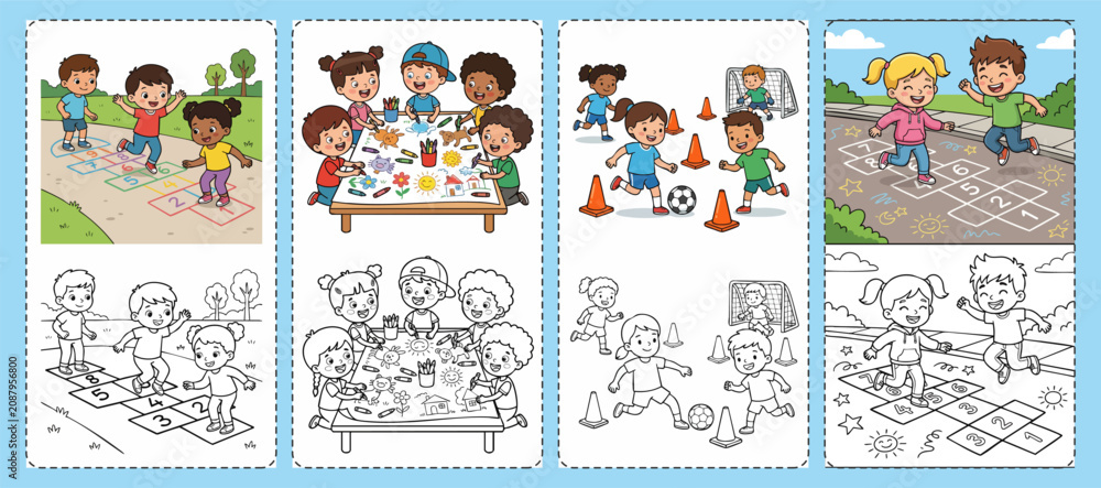 Fototapeta premium Children Enjoying Outdoor Games and Indoor Art Activities Coloring Pages