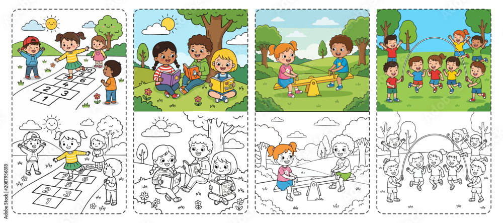 Fototapeta premium Childrens Coloring Pages of Outdoor Activities Including Hopscotch Seesaw and Jump Rope