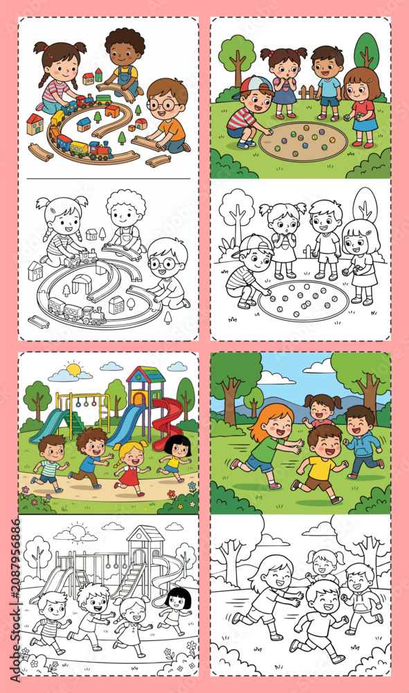Fototapeta premium Children Playing Together Coloring Pages Kids Activities