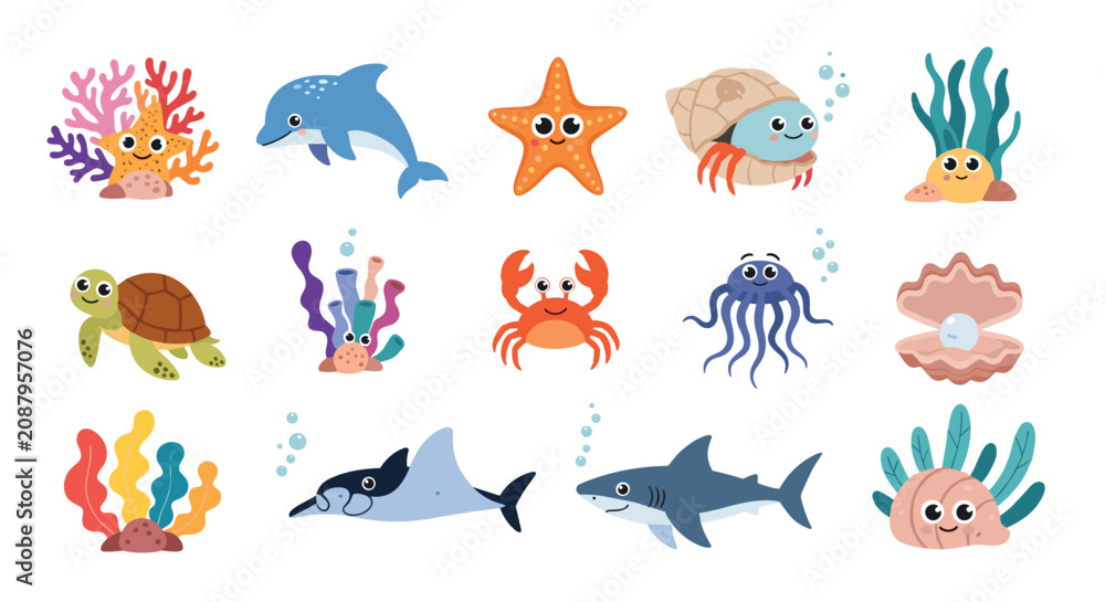 Obraz premium Comprehensive set of fifteen cute flat cartoon ocean life elements including dolphin, shark, turtle, coral, and shells.