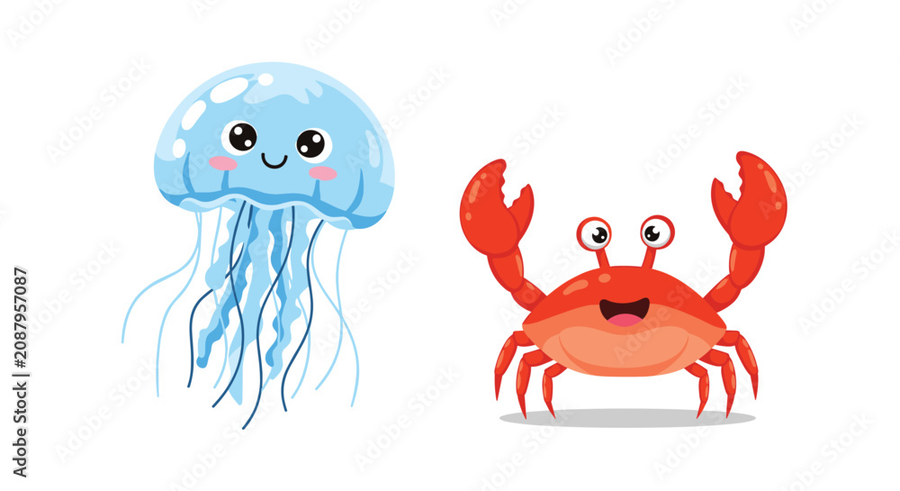 Fototapeta premium Adorable cartoon illustrations of a smiling blue jellyfish and a happy red crab with big claws on white background.