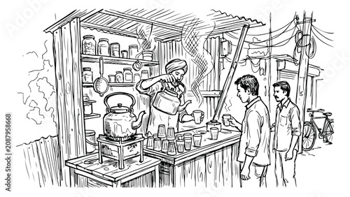 Tableau sur toile Traditional Indian chai stall, a bustling street vendor preparing hot tea, authe
