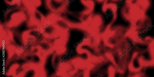 Dotted halftone texture background. Black and red pop art gradient overlay. Rough, fading grunge noise wallpaper. Distressed pixelated comic book background. 
