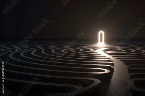 A dimly lit labyrinth with a single illuminated pathway leading to a glowing doorway, symbolizing choices and opportunities.