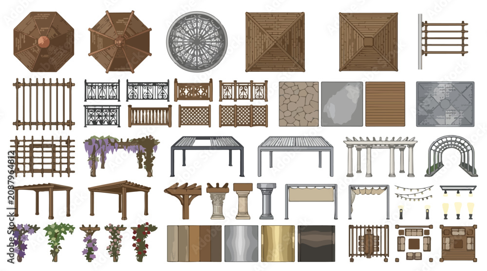 Obraz premium Wooden pergola and gazebo construction kit, garden landscape design elements vector set, outdoor patio structures and architectural fencing isolated PNG with Transparent Background