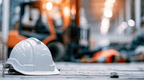 White hard hat on ground, with fallen worker & forklift in background