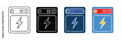 Electrical distribution box icon set featuring lightning bolt power supply circuit protection and utility equipment vector illustration