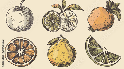 Slika na platnu Handdrawn Vintage Citrus Fruit Illustration Orange Lemon Lime Grapefruit Slices