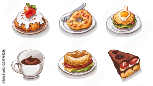 Tableau sur toile Pixel Art Breakfast And Dessert Assortment With Pancakes Eggs Benedict Burger Co