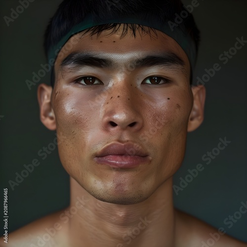 Close Up Portrait Headshot Of Serious Young Asian Man Athlete