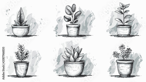 Slika na platnu Set Of Six Hand Drawn Watercolor Potted Plants And Succulents Sketches On Textur