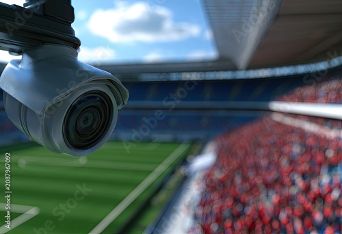 Surveillance camera watches over a packed stadium during a sunny day