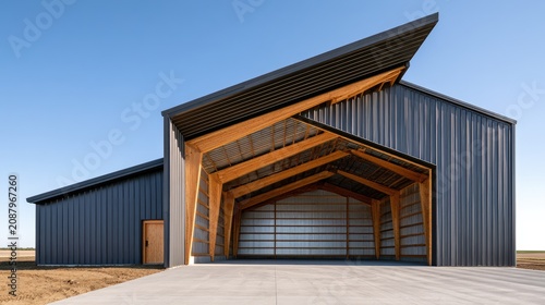 Modern metal barn with dramatic angled roofline revealing wooden beams
