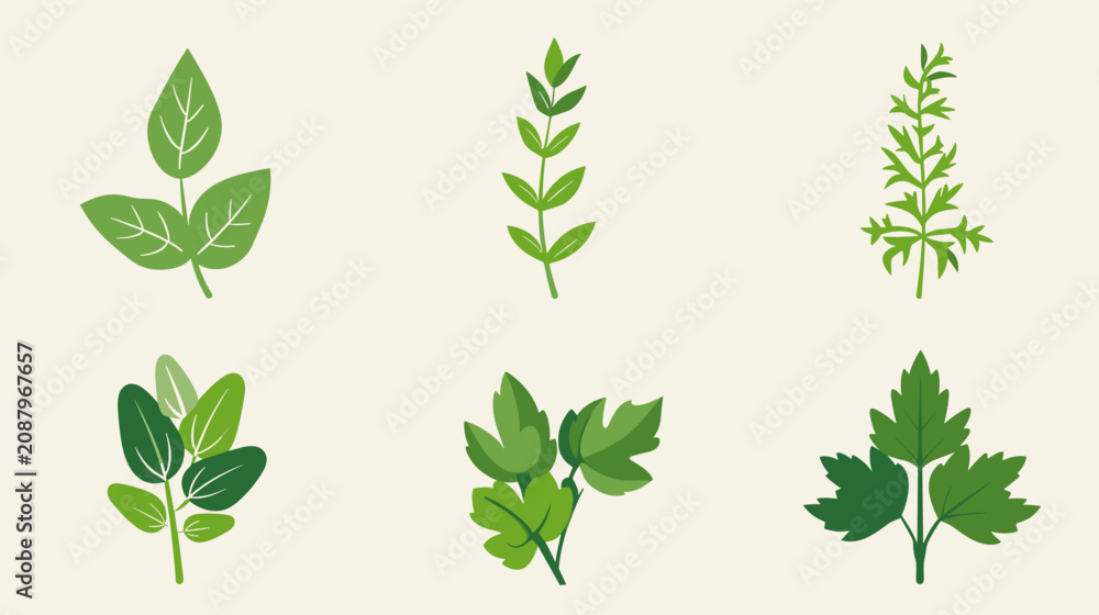 Naklejka premium Six Stylized Green Leaf Illustrations On Pale Beige Background Botanical Vector Elements And Herb