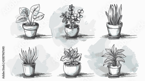 фотографія Six Monochrome Potted Houseplants Ink And Watercolor Botanical Sketches On Textu
