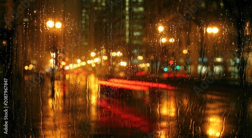 Blurred city lights streak past on a rainy night through water-streaked glass