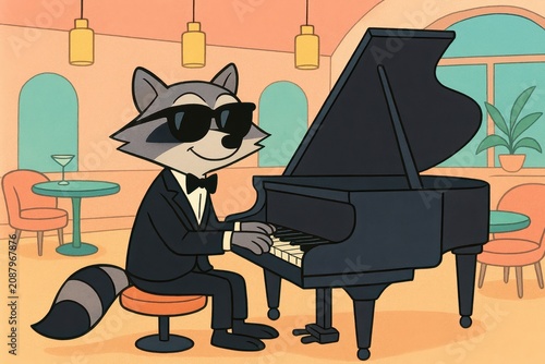 Stylish raccoon in sunglasses playing piano at jazz club