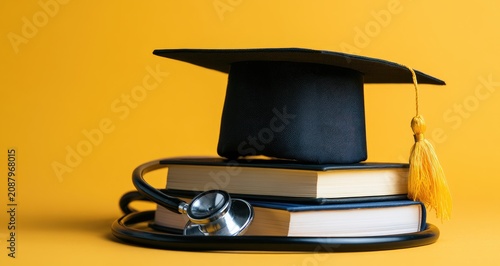 Graduation cap atop books with stethoscope, symbolizing medical education (3)