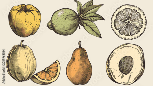 Принти на полотні Vintage Botanical Illustration Of Mixed Fruits Quince Guava Pear Avocado And Cit