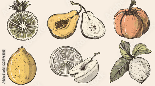 Εκτύπωση καμβά Vintage Botanical Ink And Watercolor Illustration Of Mixed Fruit Assortment With