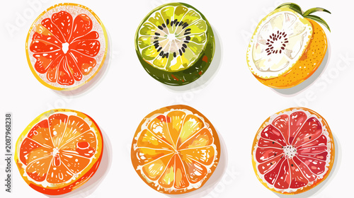 Konstfotografi Watercolor Illustration Of Six Colorful Citrus And Tropical Fruit Halves Arrange