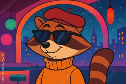 Trendy Raccoon Wearing Beret And Sunglasses In Artistic Nightclub