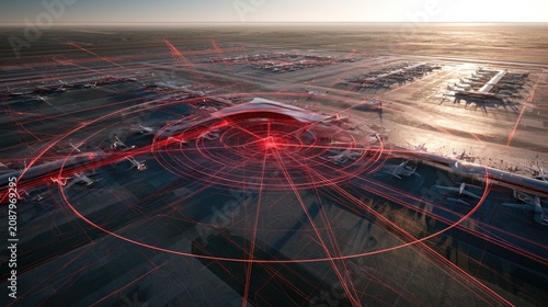 Futuristic airport with red digital network overlay, conveying connectivity